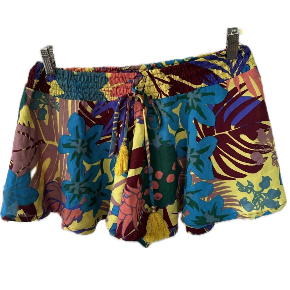 Coisas Women's Colorful Hawaiian Tropical Smocked Waist Tassel Flowy Shorts S/M